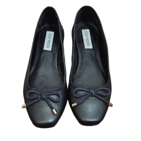Steve Madden Black Leather Ballet Flats Women 7.5M Bow Classic Comfort Shoes - Picture 2 of 9